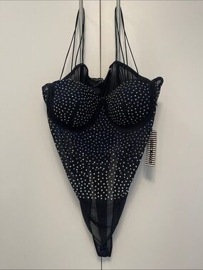 Haute Monde Black Rhinestone Mesh Bodysuit